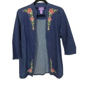 Medium Jean Jacket NWT Suzanne Somers Collection Embroidered Floral Rhinestone